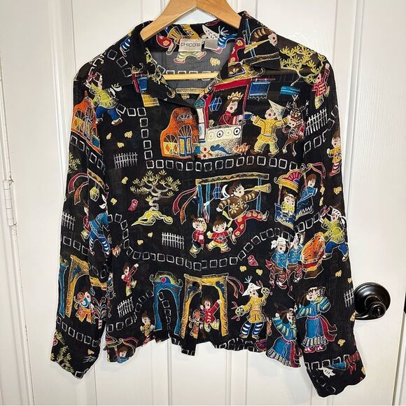 VTG Chico’s Silk Black Oriental Inspired Fairytale Novelty Print Top Sz 1 / M - Picture 1 of 7